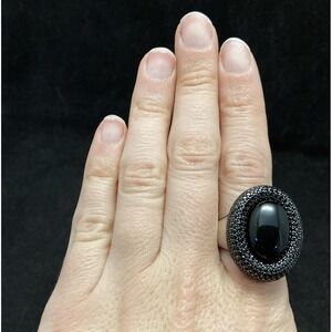 Sterling Silver Y 925 Black Oval Stone Black CZ Pave Halo Ring Size 10 - 17.8g